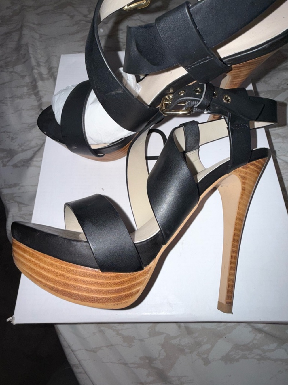 Aldo Black Strappy Platform Wood-Effect High Heels